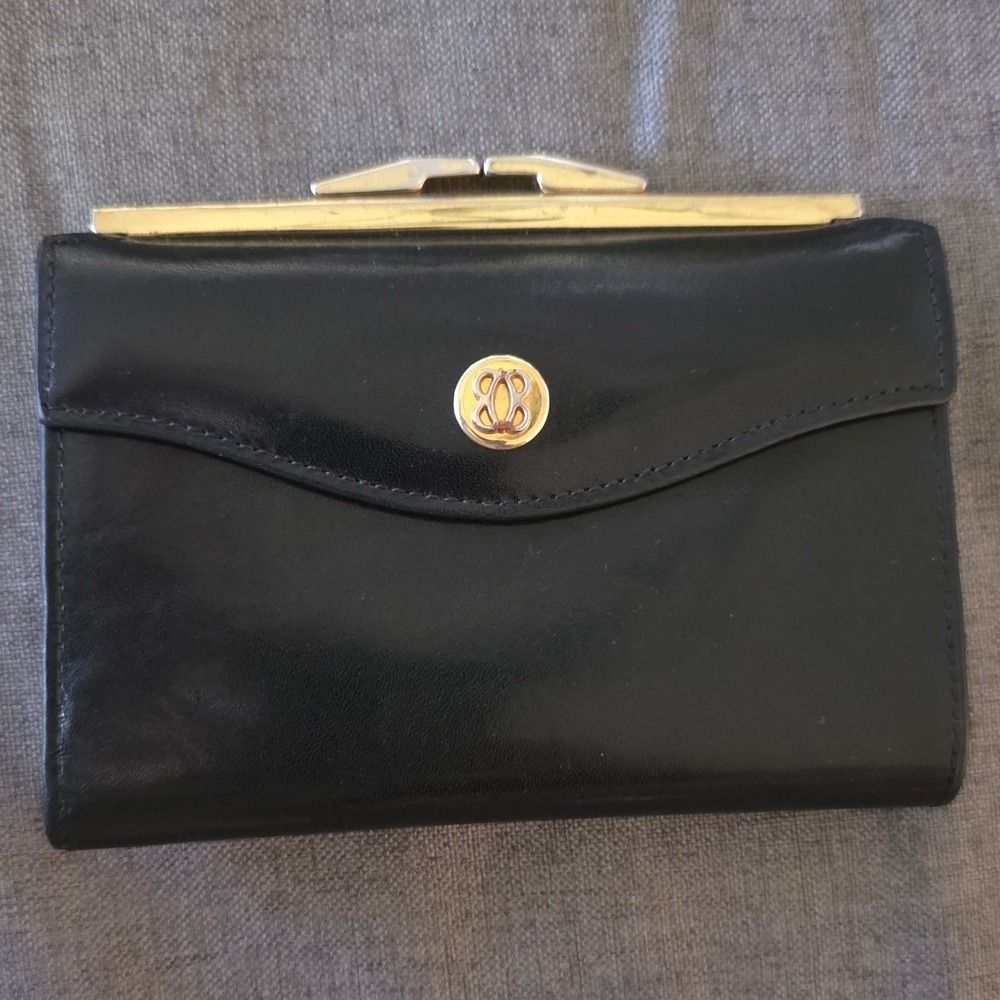 Bosca Leather Wallet Small Black Gold Tone Kiss Lock Bifold Vintage